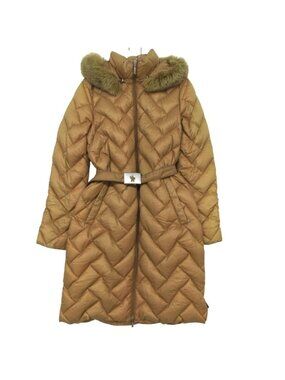 Moncler Down Jacket Brown Tag Quilted Coat Detachable Fur Beige